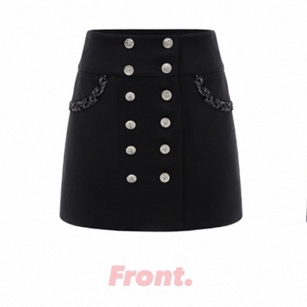 Elegant Tweed Trimmed Navy Blue Silver Button Embellished Mini Skirt